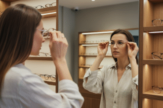 Femme élégante essayant des lunettes dans une boutique moderne