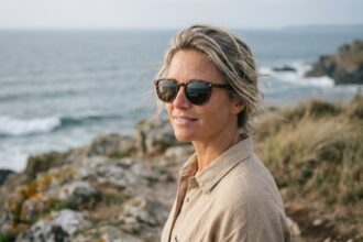 Femme portant des lunettes polarisées à monture écaille sur un sentier côtier rocheux au bord de la mer