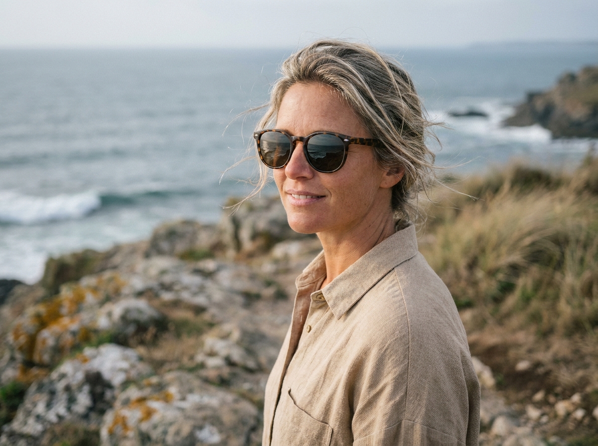Femme portant des lunettes polarisées à monture écaille sur un sentier côtier rocheux au bord de la mer