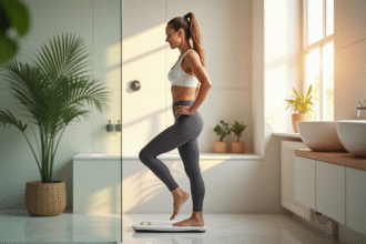 Femme souriante sur une balance dans une salle de bain lumineuse