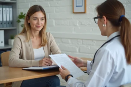 Femme d'âge moyen présentant un dossier médical au cabinet