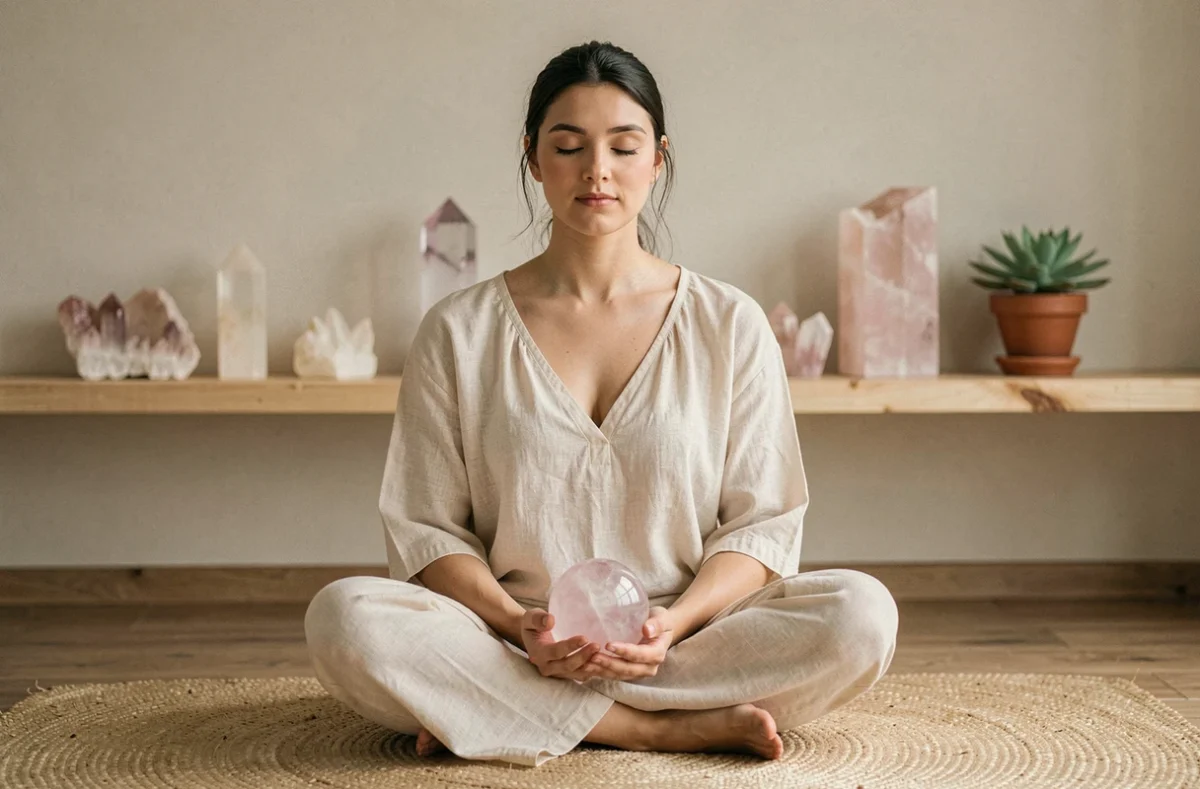 Femme en méditation tenant une sphère de quartz rose pour équilibrer les chakras dans un espace zen