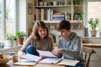 Femme et son fils examinent des documents de santé à la maison