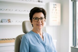 Femme d'âge moyen souriante en salle d'orthoptie moderne