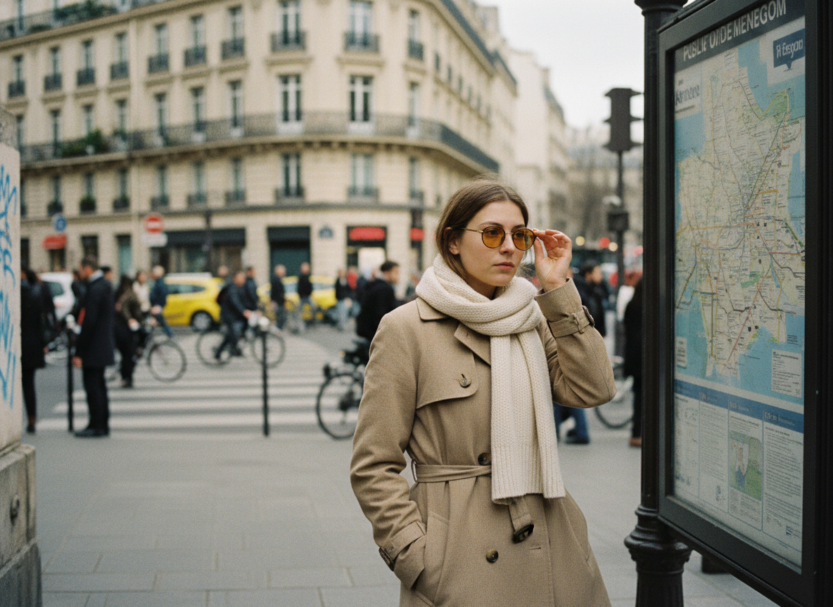 Femme ajustant ses lunettes sur un trottoir parisien animé