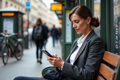 Femme parisienne en tenue casual sur un banc urbain