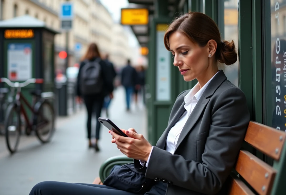 Femme parisienne en tenue casual sur un banc urbain