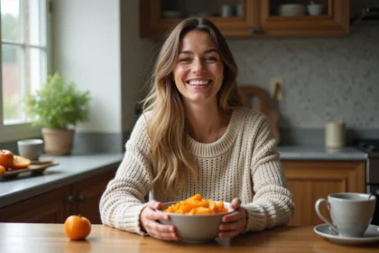 Femme souriante dégustant un bol de petit déjeuner avec persimmon