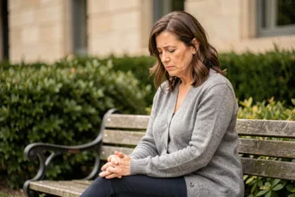 Femme d'une cinquantaine d'années assise sur un banc dans un jardin d'hôpital, l'air pensif et anxieux, illustrant la peur de la récidive du cancer