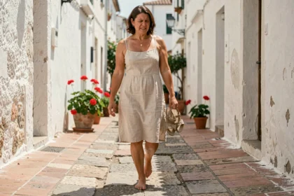 Femme marchant pieds nus sur un trottoir brûlant en été, grimace de douleur due à la chaleur du sol