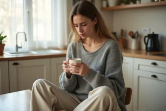 Femme en attente d'opération pour un polype utérin, assise calmement dans sa cuisine avec une tasse de tisane, illustrant la gestion quotidienne de la maladie