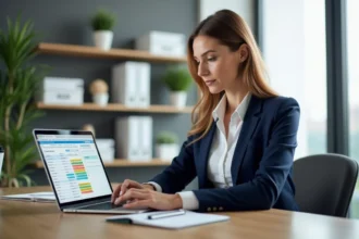 Femme professionnelle en bureau moderne avec ordinateur
