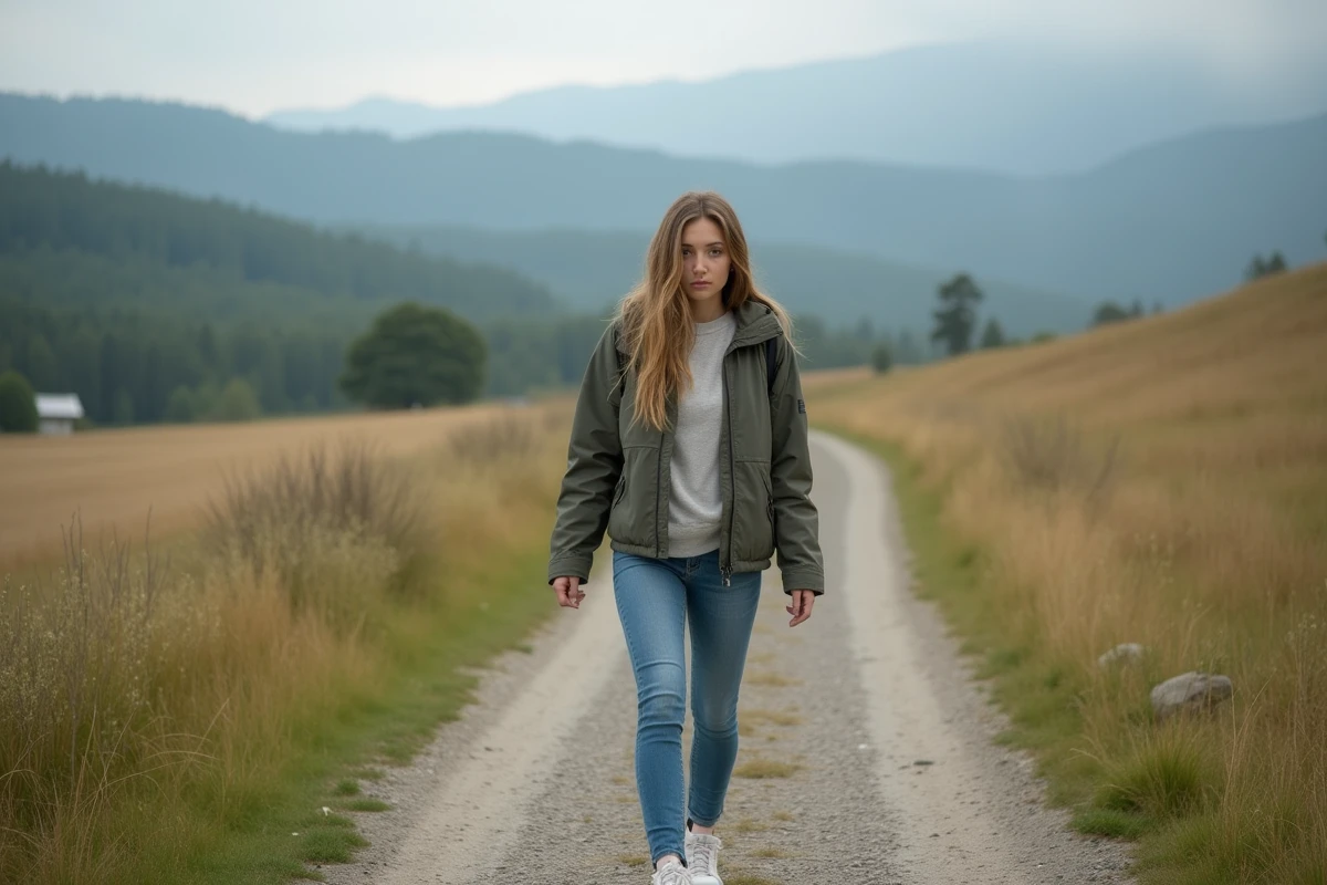 Jeune femme marchant sur sentier rural avec pas