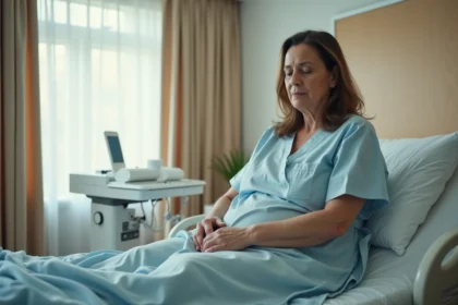 Femme d'âge moyen dans une chambre de récupération hospitalière