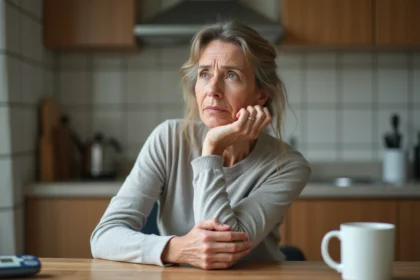 Femme d'âge moyen assise à la cuisine en réflexion