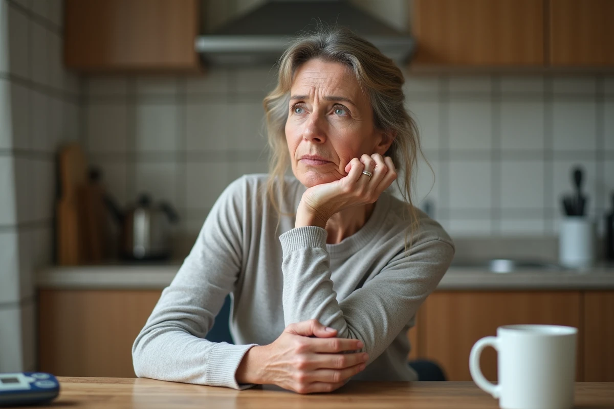 Femme d'âge moyen assise à la cuisine en réflexion