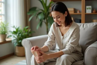 Femme relaxant en réflexologie plantaire chez elle