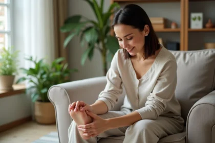 Femme relaxant en réflexologie plantaire chez elle
