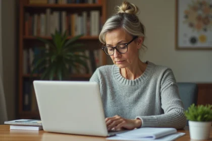 Femme consultant ses remboursements santé sur un ordinateur portable dans un bureau à domicile