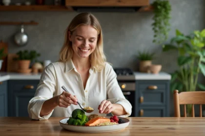 Femme souriante préparant un repas antiinflammatoire