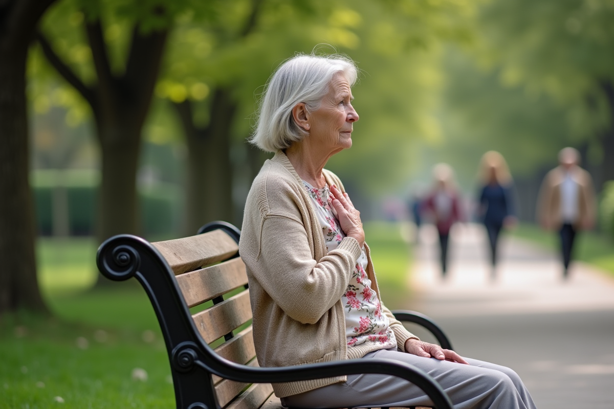 Femme âgée assise sur un banc dans un parc en marchant