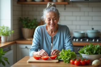 Femme âgée préparant une salade dans la cuisine