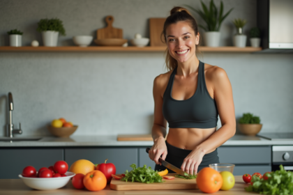 Femme en cuisine préparant une salade colorée