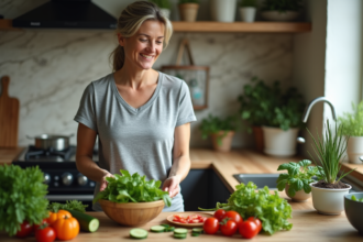Femme souriante préparant une salade fraîche en cuisine