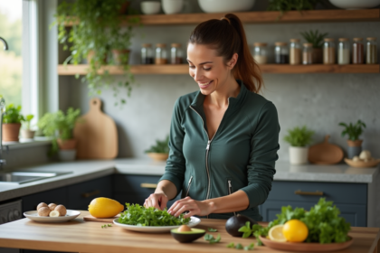 Femme en cuisine préparant une salade fraîche et saine