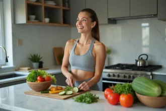 Femme souriante préparant une salade colorée en cuisine