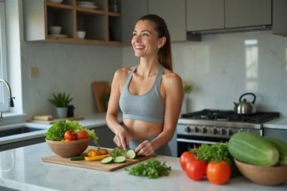 Femme souriante préparant une salade colorée en cuisine