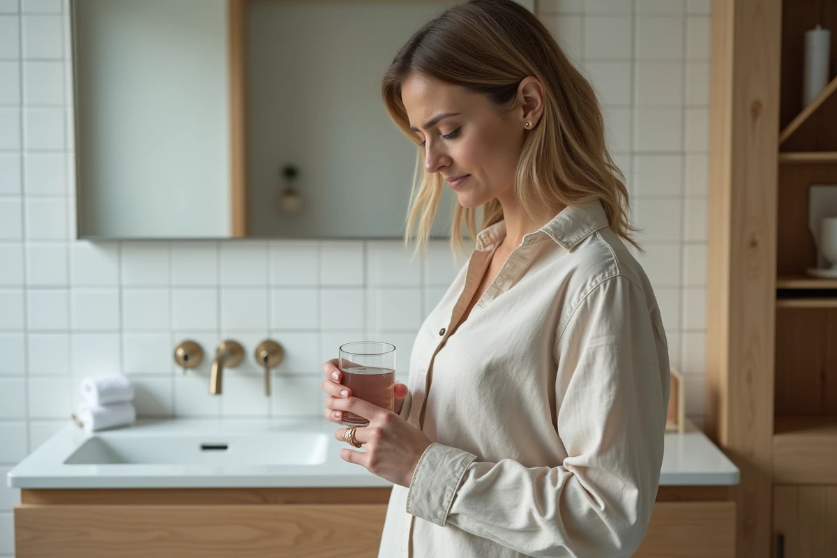 Femme adulte préoccupée dans une salle de bain moderne, évoquant des troubles intestinaux comme les selles mousseuses