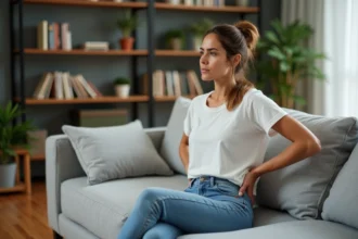 Femme assise sur un canapé en sofa avec expression pensive