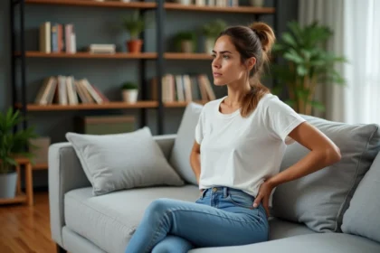 Femme assise sur un canapé en sofa avec expression pensive