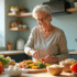 Femme senior souriante prépare un repas sain et coloré