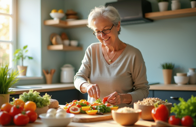 Femme senior souriante prépare un repas sain et coloré