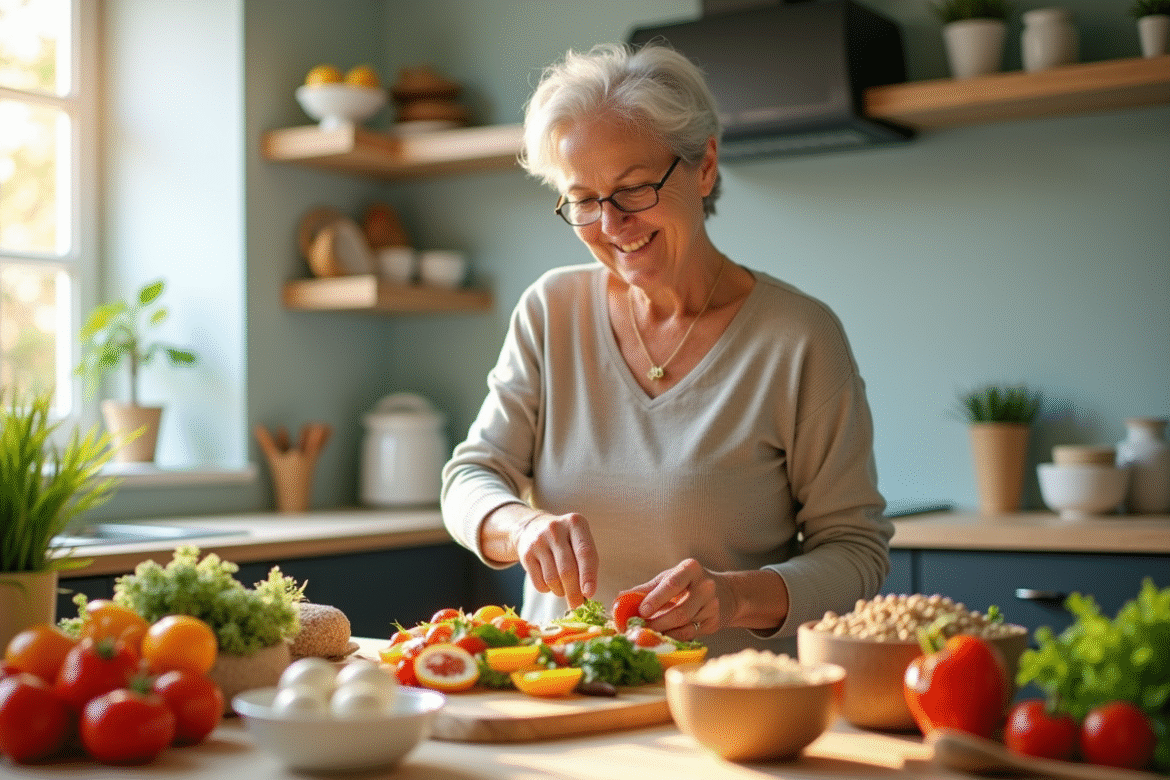 Femme senior souriante prépare un repas sain et coloré
