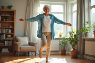Femme senior souriante faisant un exercice d'équilibre