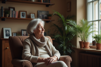 Femme senior contemplant par la fenêtre dans un intérieur chaleureux
