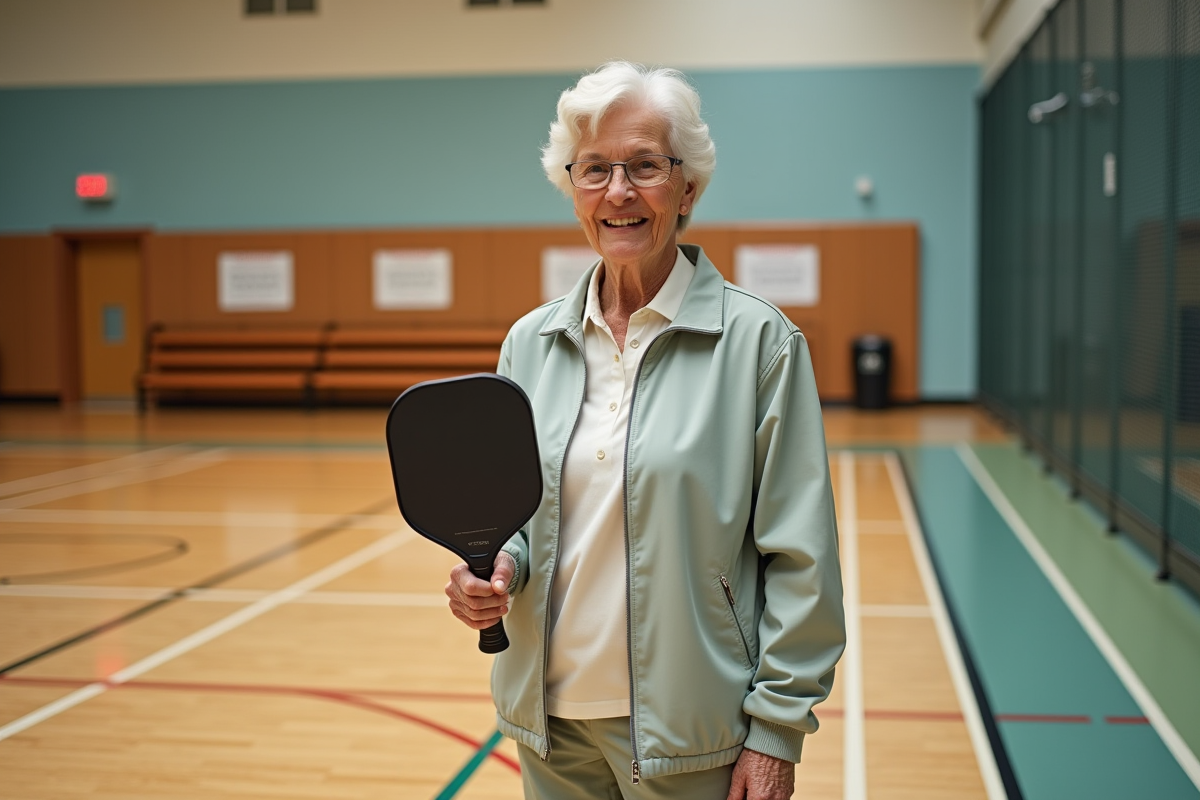 Femme senior souriante avec raquette dans un centre sportif