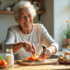Femme senior souriante préparant un repas sain avec saumon et œufs