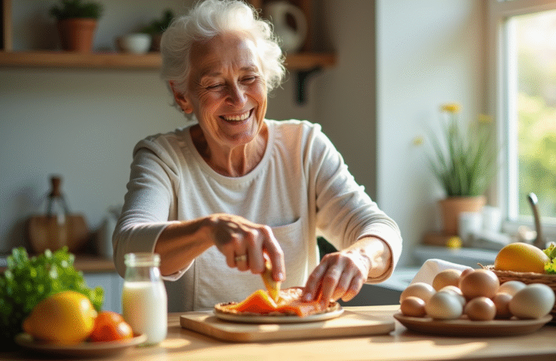 Femme senior souriante préparant un repas sain avec saumon et œufs