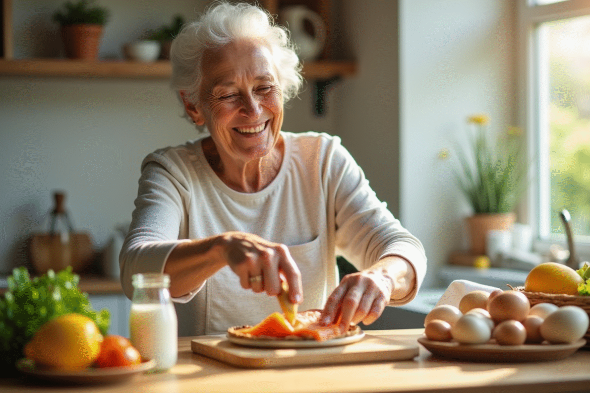 Femme senior souriante préparant un repas sain avec saumon et œufs