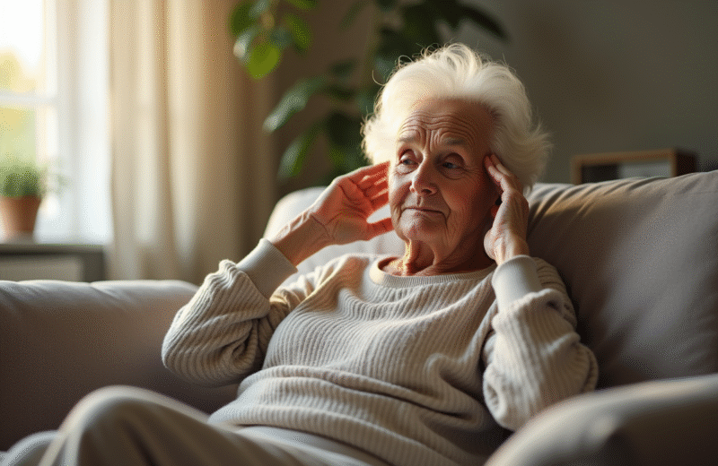 Femme senior pensive dans un salon lumineux