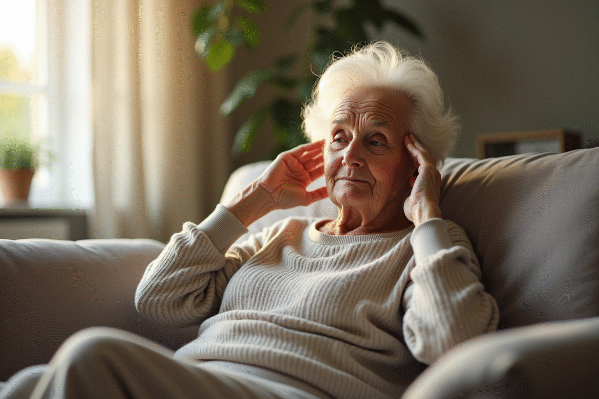 Femme senior pensive dans un salon lumineux