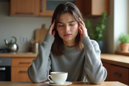 Femme tenant sa main contre l'oreille gauche avec une expression perplexe, assise dans une cuisine moderne, illustrant le sifflement dans l'oreille gauche