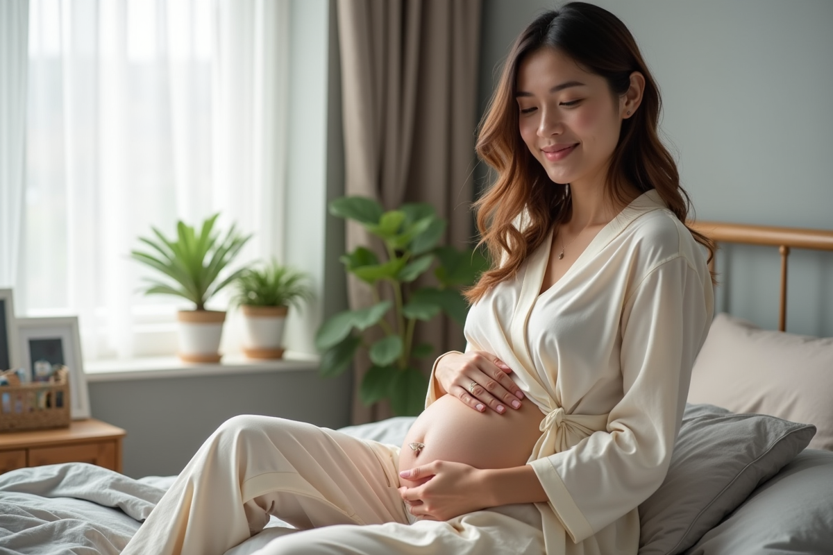 Femme en loungewear appliquant une creme sur le ventre