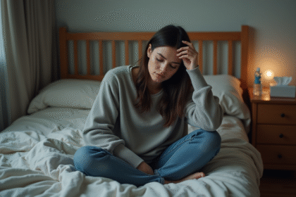 Femme fatiguée assise sur le lit dans une chambre modeste