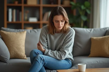 Femme assise sur un canapé avec expression inquiète
