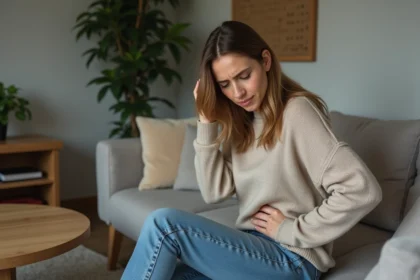 Femme assise sur un canapé exprimant une légère gêne